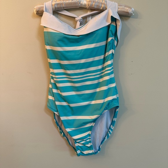 Lauren Ralph Lauren One-Piece Swimsuit – White & Aqua Stripes (Size 12) - Picture 1 of 3